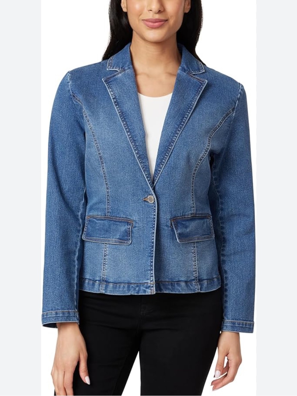 Angels Forever Young L Angelica EverFlex Blue Stretch One Button Denim Blazer